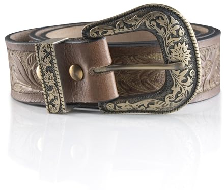 Angus Stoke Cintura western in pelle di bufalo – Cintura da cowboy e western fatta a mano per uomo e donna con fibbia per cintura, cintura in pelle goffrata a mano Jeremy, marrone, Bundweite 120 (58