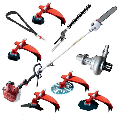 Synergy Desbrozadora Multifunción Gasolina 8 en 1 65cc 4,9cv Motor 2T, con Bomba de Agua, Cortasetos, Podadora, 3 Discos y 2 Cabezales Automáticos, Arnés Profesional y Kit de Protección