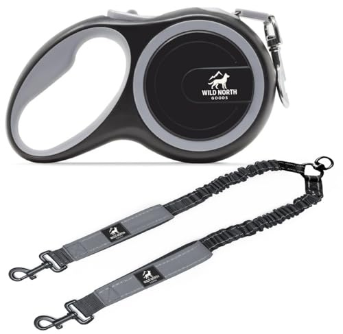 Wild North Goods Dual Dog Lead Set – 5m Retractable Extendable Lead with 50kg Strength + Detachable Double Dog Splitter Leash, Tangle-Free 360° Swivel & Reflective Rope (Grey)