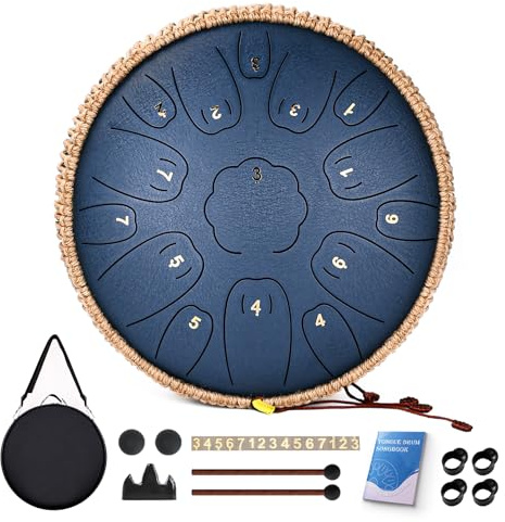 Natraldrum Tambor de lengua de acero, tambores de lengua de 13 pulgadas, 15 notas, instrumentos de tambor de mano con llave C para niños y adultos, tambor de acero con libro de música, mazos de tambor