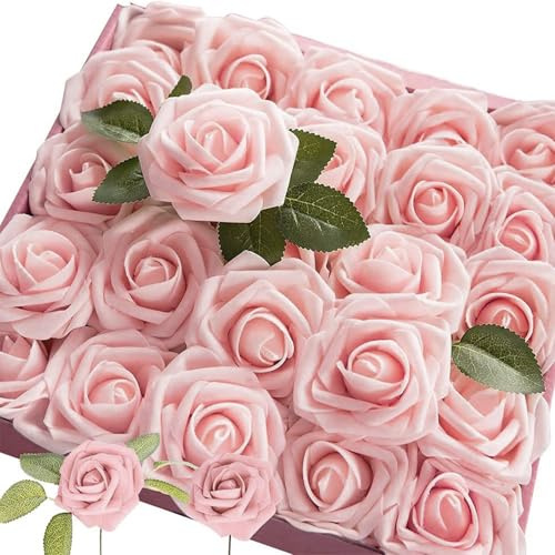 Omnikryp 25 Pezzi Rose Artificiali, Fiori Artificiali, Rose Finte con Steli, 8cm Rosa Artificiale, per DIY Matrimoni Mazzi Nuziale Festa Casa Stanza Decorazioni