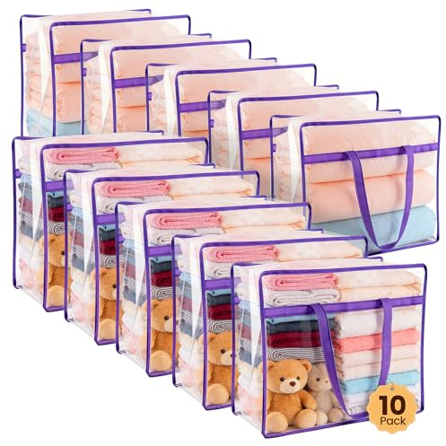 XyVoltic 10 Pack Clear Clothes Storage Bags, Double Zipper Design 40L Underbed Moving Bags for Blankets and Clothes, Large Capacity Closet Organizers and Storage for Dormitory, Bedroom, Closet-Purple