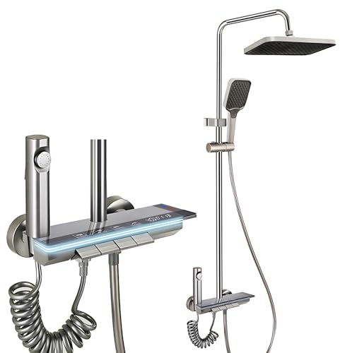 Juego de ducha con termostato, grifo de ducha, juego completo con pantalla LED y luz nocturna, juego de ducha de lluvia, 4 tipos de chorro, cabezal de ducha