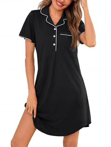 Jahetuul Chemise de Nuit Femme Coton Manches Courtes à Volants Col V avec Poche Classique Pyjama avec Boutons Ouvert Devant Robe de Nuit Été