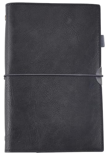CALFOVERA Carnet de Voyage Rechargeable A6 en Cuir PU 200 Pages avec Pochette de Séparation Couverture Souple Classeur à 6 Anneaux Protège Carnet à Feuilles Mobiles (Noir)