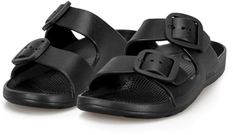 totes® ® SOLBOUNCE Ladies Adjustable Slider Sandals, Lightweight Summer Slides with Everywear® Cushioning, Anti-Bacterial Sole, Double Buckle Design, Holiday Beach Footwear