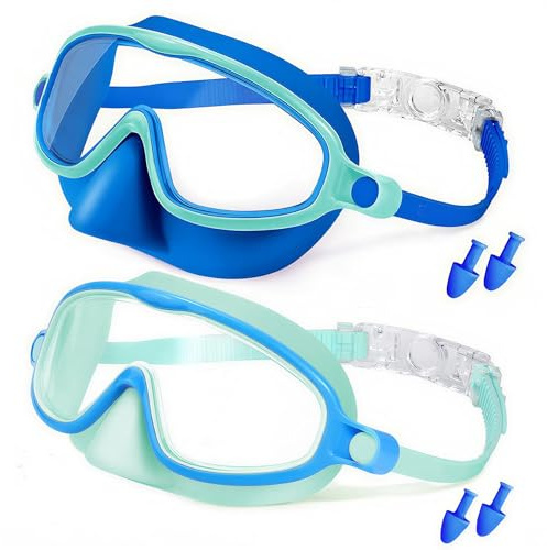 2 Pack Kids Swim Goggles Mask with Nose Cover for Boys Girls Toddlers, 3-14 | Upgraded Electroplated Lenses, 180° View, No-leak, Anti Shattered Lens, Anti-UV, Anti-Fog, Snorkel Mask for Pool, Beach