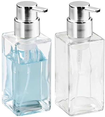 mDesign Glass Refillable Foaming Hand Soap Dispenser Modern Square Pump Bottle for Bathroom Vanities or Kitchen Sink, Countertops - 2 Pack - Clear/Chrome