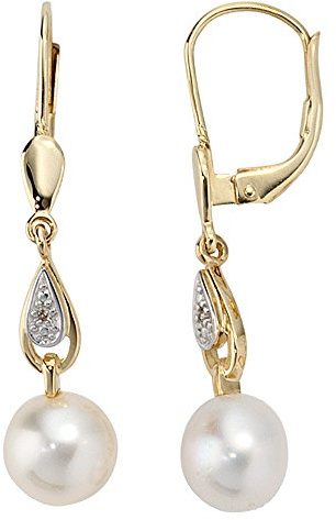 Jobo Damen-Ohrringe hängend aus 14 Karat 585 Gold mit Perlen und 2 Diamanten