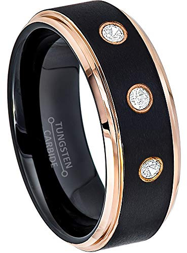 Jewelry Avalanche 0.21ctw Diamond 3-Stone Tungsten Ring - April Birthstone Ring - 8MM Comfort Fit Matte 2-Tone Black & Rose Gold Stepped Edge Tungsten Carbide Wedding Band -8