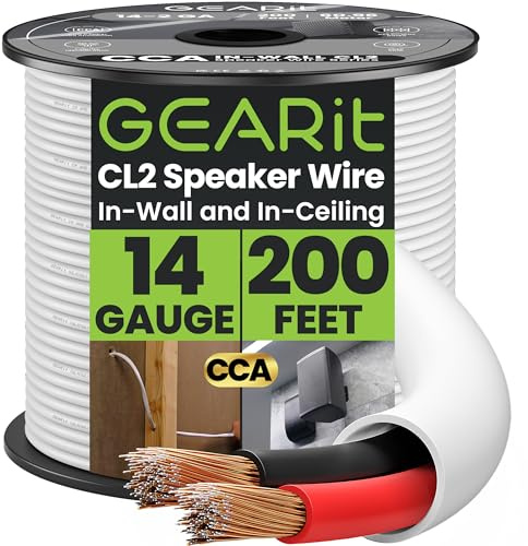 GEARit 14 Gauge Speaker Wire, CL2 Rated 14 Gauge Wire 200ft, Audio Cable with Red/Black Color Coded, Speaker Cable for in-Wall Home Theater, Car Stereo, Commercial Audio Systems, CCA(White)