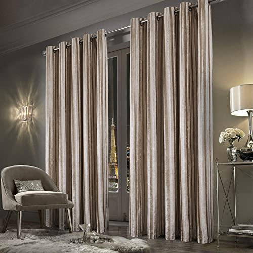 always4u Rideaux de Velours Écrasé, Rideau à Rayures, Filtrage de la Lumière et Isolation Thermique, Magnifique et Classique, pour Salon, Chambre à Coucher, Villa, Champagne, 140x260cm, Lot de 2
