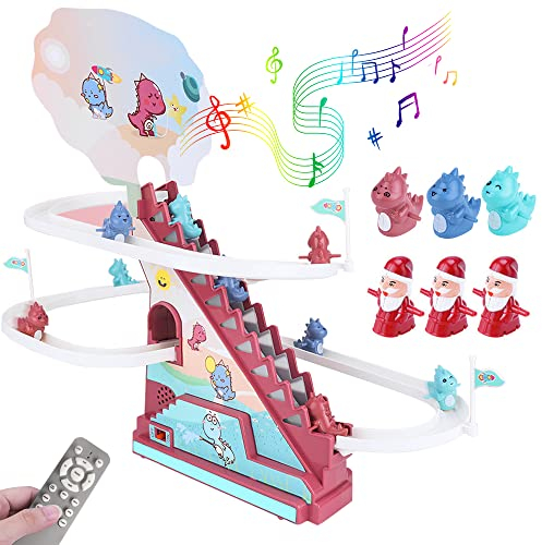 OBEST Elektrisches Musik-Schiebespielzeug, Treppensteigen-Spielzeug, Weihnachten Spielzeug mit Weihnachtsmann und Dinosauriern, 2 Sets mit austauschbaren Themen
