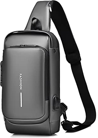 FANDARE Antivol Sac Poitrine Affaires Sacs de Bandoulière Sacoche avec USB Sac d'Epaule pour Homme Voyage Randonnée Vélo Camping Excursion Impermeable Multi-Poches Sling Bag Gris