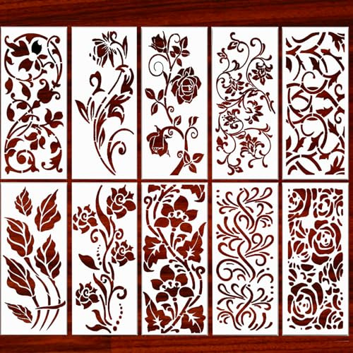 10 Pièces Pochoirs de Bordure de Fleurs Grands, Pochoirs d'angle 30x15 cm pour Peinture sur Mur Meubles en Bois Panneau de Porcelaine Sol Cadre Photo Scrapbook