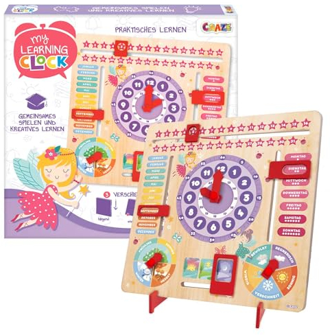 CRAZE My Learning Clock Princess - Lernuhr für Kinder aus Holz, Kalenderuhr zum Lernen für Kinder, Lerntafel Uhr Jahreszeiten Wanduhr, Lila