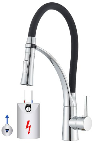 Cesinkin Robinet d'évier de cuisine basse pression chromé flexible noir rotatif à 360° avec 2 fonctions de pulvérisation avec aérateur à économie d'eau