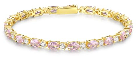 FANCIME Bracciale da tennis da donna placcato oro 14 carati, con pietra portafortuna, in argento Sterling 925, gioiello per donne e ragazze, lunghezza 19 cm, Tormalina rosa