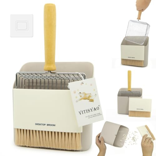 Vitisyao Cat Litter Scoop with Holder, Stainless Steel Kitten Poop Lifter- Portable Dustpan- Cleaning Brush, Fast Sifting Scooper for Kitty Litter Boxes