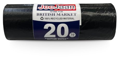 JeeJaan® 1 Roll of 20 Black Bin Bags - 70L Capacity Bin Bags Heavy Duty - Rubbish Bags Wastage Liners Trash Bags for Kitchen Office Diy Refuse Sacks Garden Bags Made from 100% Recycled Material