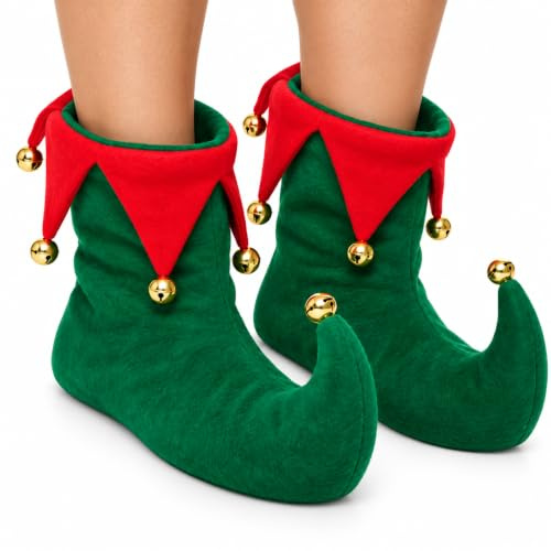 Henbrandt Adult Deluxe Elf Boots with Bells Red and Green Christmas Elf Slippers Santa’s Buddy Jester Pixie Costume Boots Pointed Boot Covers Novelty Xmas Fancy Dress Accessories for Men and Women