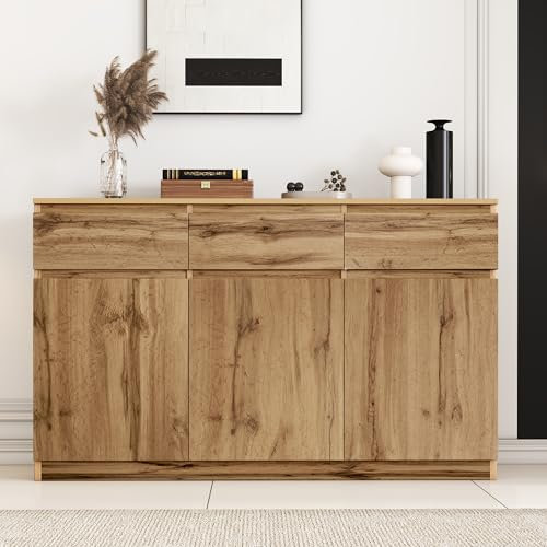 Wiuzo Credenza Buffet, Mobile da Cucina con 3 Cassetto e 3 Ante, per Soggiorno, cucina, 135 x 40 x 81 cm, Colore del legno