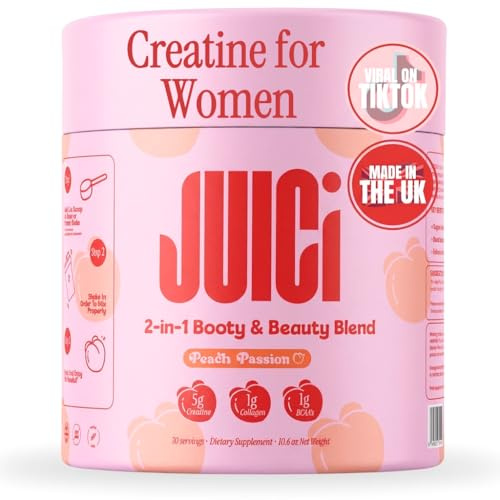 JUICi Creatine for Women Fitness with Collagen & BCAA, 30 Servings, Peach | 2 in 1 Booty and Beauty Blend Supplement, 5000mg Micronized Creatine Powder for Booty Growth Fit Toned Gym Women, 300gram