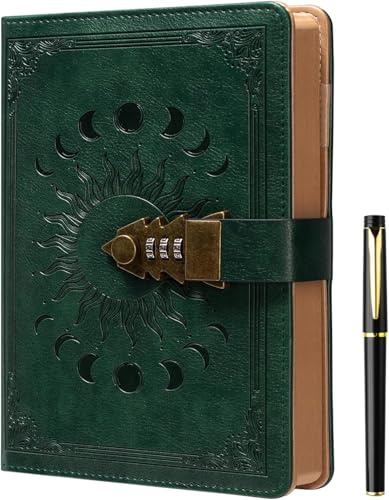 ZXHQ Journal Intime avec Code 21 x 15,5 cm – 224 pages, Carnet Secret pour Adulte, Fille ou Garçon, Couverture en cuir PU, Bords Vintage, Design en relief Soleil et Lune-Vert Émeraude