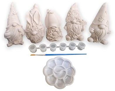 Paint Your Own Pottery Gnome Set, 6 Plaster Figurines with Paint and Brush, 9.8 cm Tall, Fairy Garden Theme,Handmade, Ready to Paint Pottery, Gnome Gifts, Group Activity, Gnomes Decoration