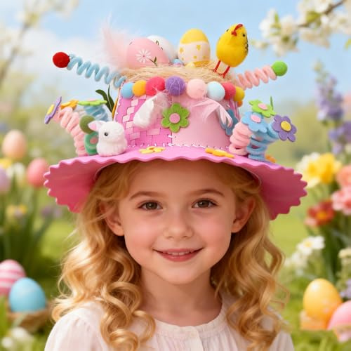 VIMAZ Make Your Own Bonnet Hat Craft Set with Bunny Rabbit, Chick, Colorful Eggs, Flowers, Grass for Easter Hat Decoration, Easter Bonnet DIY Activity (Pink)