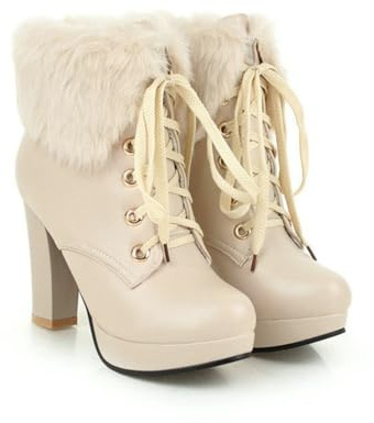 Stivaletti Con Plateau Foderati Da Donna, Stivaletti in Pelle PU Con Tacco A Blocco Lacci E Collo in Pelliccia Scarpe Alla Moda Autunno Inverno Per L'uso Quotidiano E All'aperto,Beige,35 EU