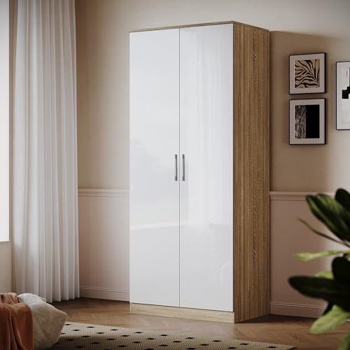 ELEGANT Soft Close 2 Door Wardrobe High Gloss White-Oak with Shelf and Hanging Rail, 1800x760x470mm Bedroom Storage Furniture