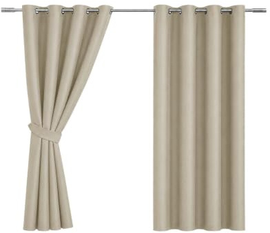 Imperial Rooms Blackout Eyelet Curtains for Bedroom, Cream 46”x54” 1 pair | Blackout Thermal Curtains for Bedroom 54 Inch Drop, Privacy Protection, Heat Blocking Window Curtains 2 Panels with Tiebacks