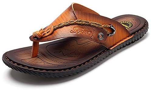 G&F Hommes Tongs Plage Sandales Tige Cuir Microfibre Clip Toe Extérieur Chaussons Antidérapant Semelle Plastique (Color : Brown, Size : 39)