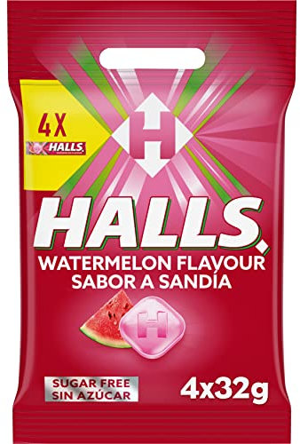 Halls Caramelos Sabor Sandía, Sin Azúcar, Paquete de 4 x 32 g