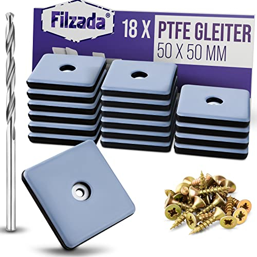 Filzada® 18x Teflongleiter zum Schrauben - 50 x 50 mm (eckig) - Möbelgleiter/Teppichgleiter PTFE (Teflon) inkl. Schrauben