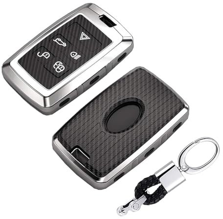 ontto Car Key fob Cover for Land Rover Discovery Evoque LR4 Range Rover Sport Jaguar XE XF F-Pace Keyring TPU Key Shell Holder Protector Alloy keychain 6-Button Remote Key Case Silver B
