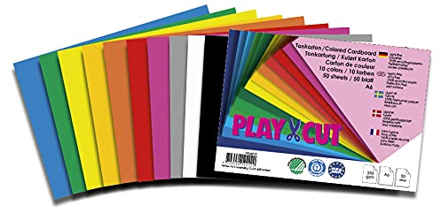 PLAY-CUT Tonkarton A6 (220g/m2) | 50 Bogen Din A6 Bastelkarton Bunt mit 10 Verschiedenen Farben | Dickes Bedruckbares Kartonpapier | Premium Druckerpapier Dicke Stärke | Karton zum Basteln