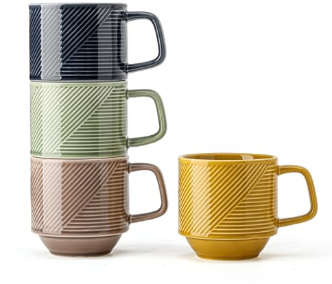 Adewnest Stackable Coffee Mugs Set: 13 oz Ceramic Stacking Cups for Cappuccino Latte Tea - Microwave Safe Mug for Home & Office - 4 PCS, 4 Color Assorted