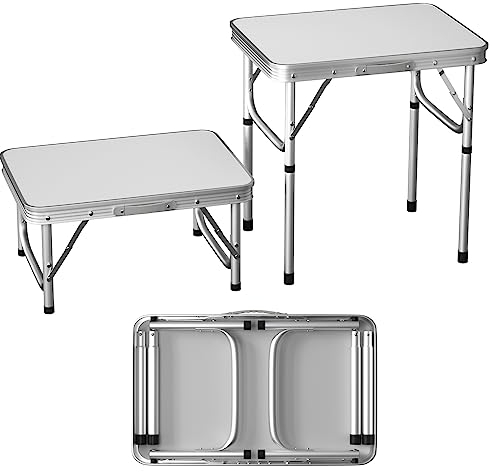 Qimu Klappbarer Campingtisch mit 2 verstellbaren Höhen, leichter Aluminium-Picknicktisch, tragbar, faltbar, Picknicktische für Picknick/Camping (Weiß, 60 cm - 2 verstellbare Höhen)