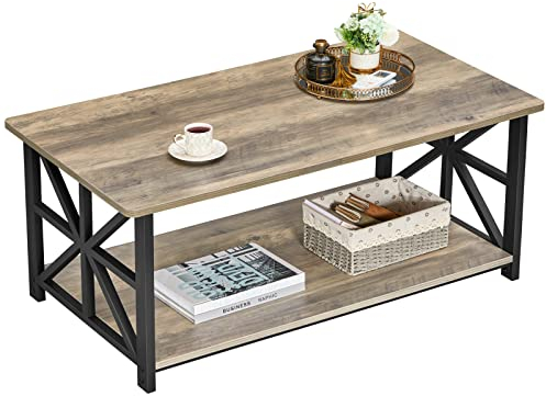 GreenForest Coffee Table with 2-Tier Storage,100 cm Living Room Table with Round Corner, Center Table with X-Frame Design for Home Office,Grey Wash