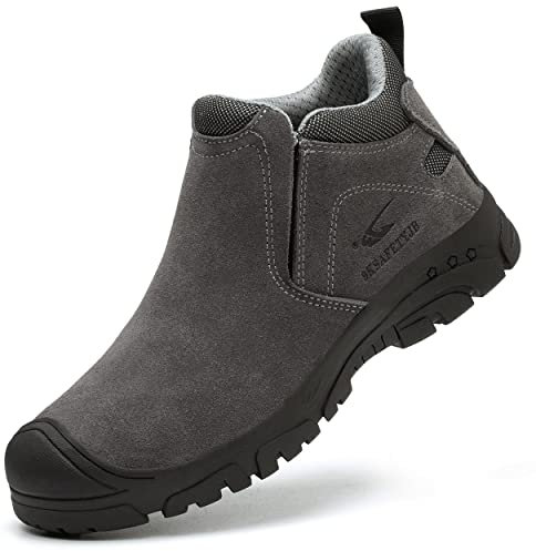 Dajingkj Zapatos de seguridad para hombre, ligeros, de plástico, puntera de acero, 6 KV, aislados, a prueba de pinchazos, sin cordones, gris, 42.5 EU