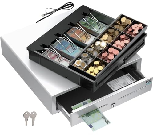 POS VALLEY Kassenschublade - Professionelle, Elektrisch (RJ11-12) / Manuell Öffnen - 4 Scheinfächer / 8 große Münzfächer (Euro), 41x41cm, weiß - Kassenlade