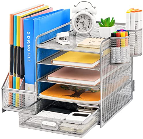 Marbrasse Desk Organiser File Holder,5-Tier Paper Letter Tray Organiser with Drawer,2 Pen Holder,Mesh Desktop Storage with Magazine Holder for Office Supplies(Silver)