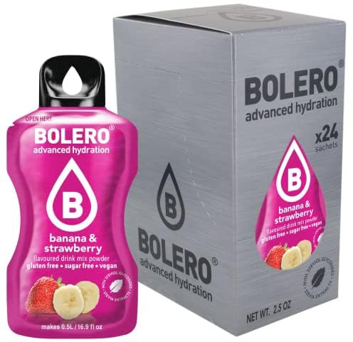 Bolero BANANA & STRAWBERRY 24x3g | Jus en poudre sans sucre, édulcoré à la stévia + vitamine C | pour enfants et sportifs | sans gluten, végétalien | Goût banane et fraise