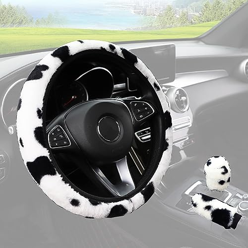 3Pcs Fluffy Cow Print Steering Wheel Covers Winter Warm Furry Plush Steering Wheel Covers with Fluffy Gear Shift Cover Handbrake Cover Universal Automotive Steering Wheel Protector Warmer Fit 37-38cm
