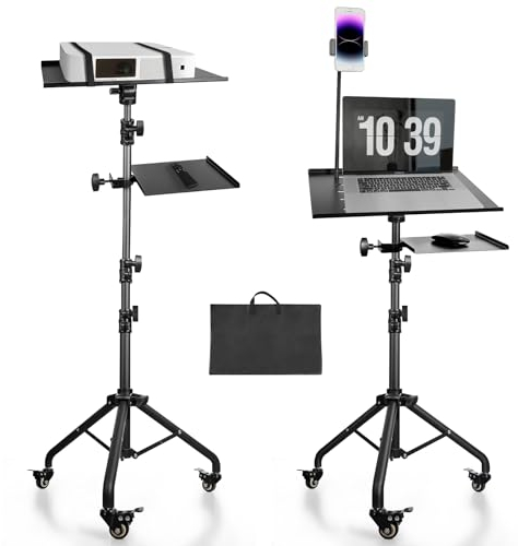 Adjustable Laptop Projector Stand with Wheels, Phone Holder and Mouse Tray