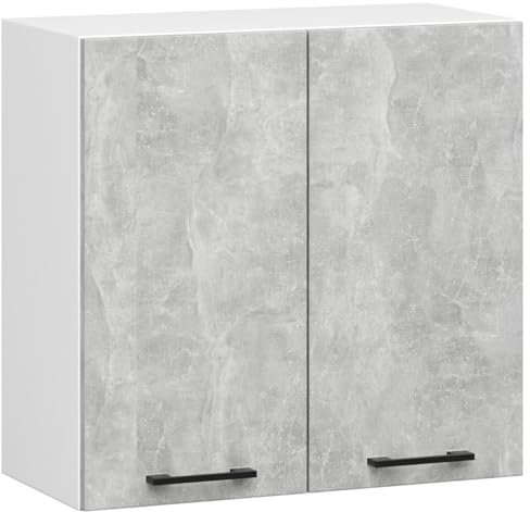 AKORD | Küchenhängeschrank - Oliwia W60 | 2 Regalböden & 2 Tür Küche Schrank | Einbauküche Küchenzeile Küchenmöbel Küchenschränke | Weiß & Beton