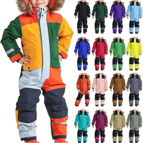 NZYIHAO Traje de nieve para niños, traje de esquí de una pieza, chaqueta de esquí con capucha, impermeable, chaqueta de invierno, cálido, resistente al viento, mono de esquí para niños/niñas, mono de