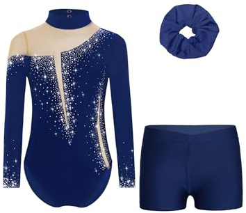 iEFiEL Mädchen Turnanzug Langarm Set Glitzer Gymnastikanzug Mit Shorts Und Haarband Kinder Tanztrikot Eiskunstlauf Kleidung B Marineblau 146-152